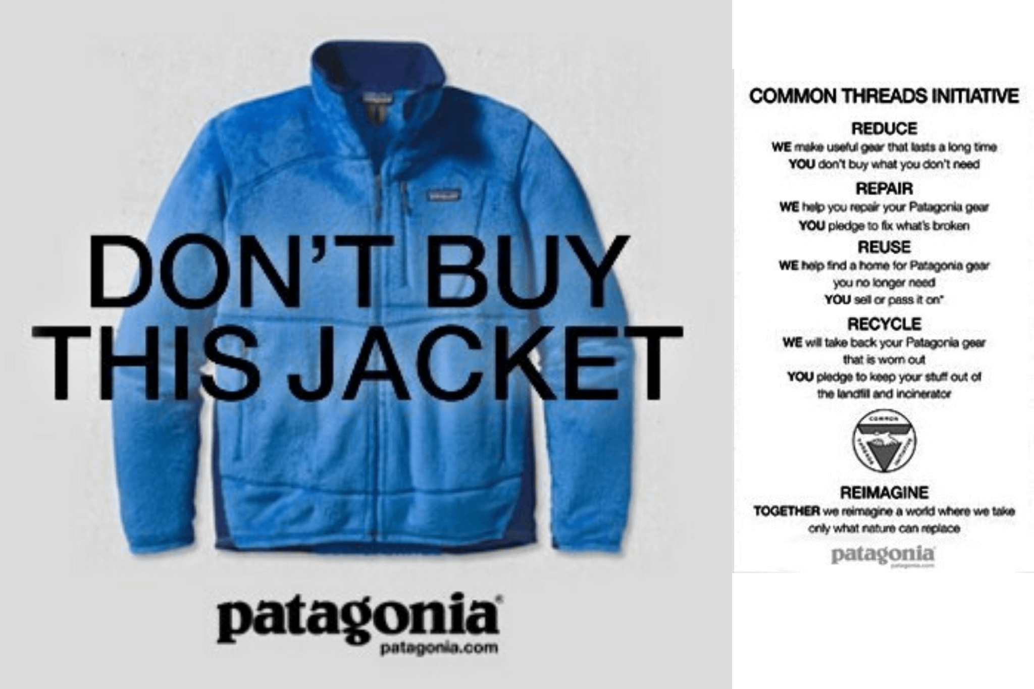 Patagonia's Don't Buy This Jacket ad, running in a newspaper, urging customers to buy less.