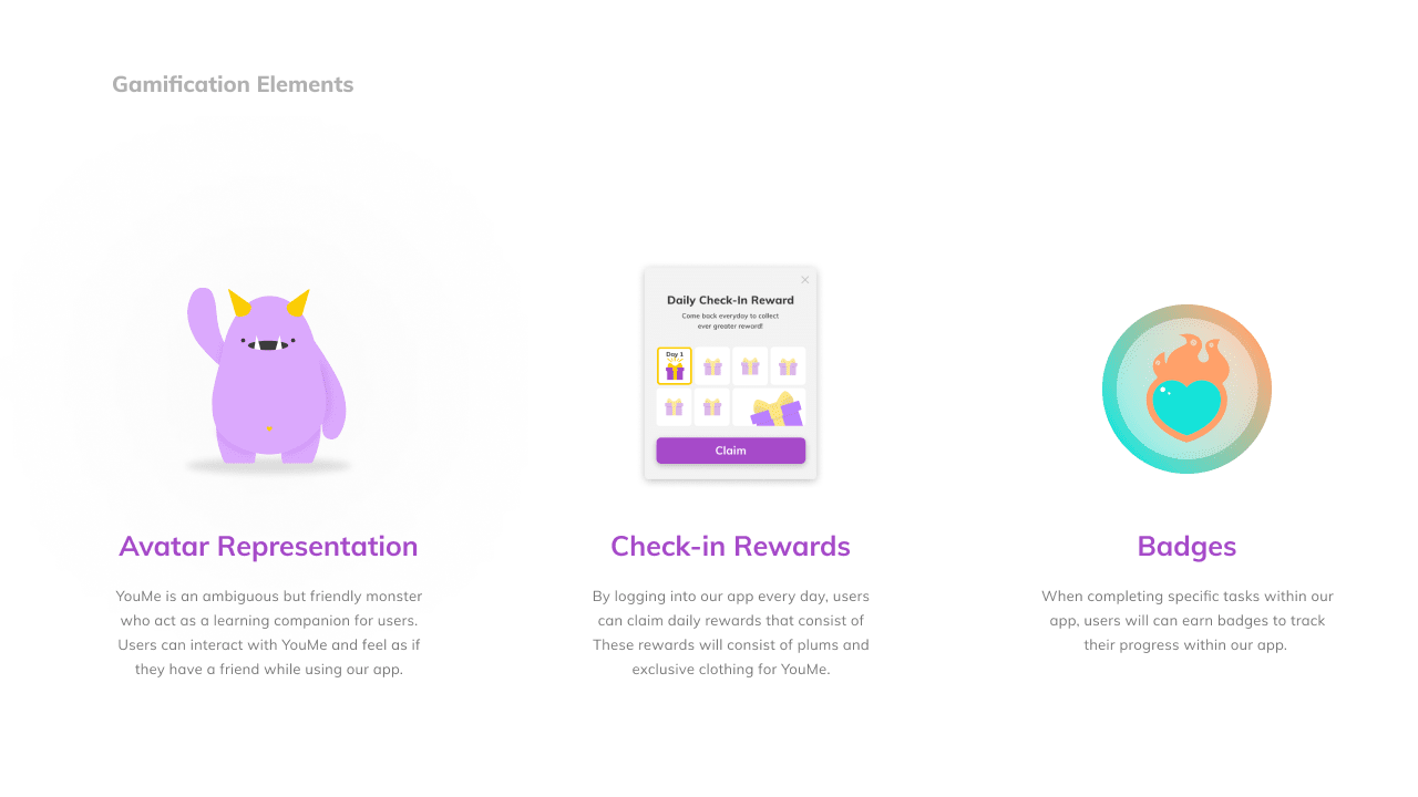 Gamification elements including streaks, coins, and daily rewards used to motivate continued learning.